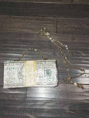 Gold & Green Money-Print Chain Clutch - Designer Style